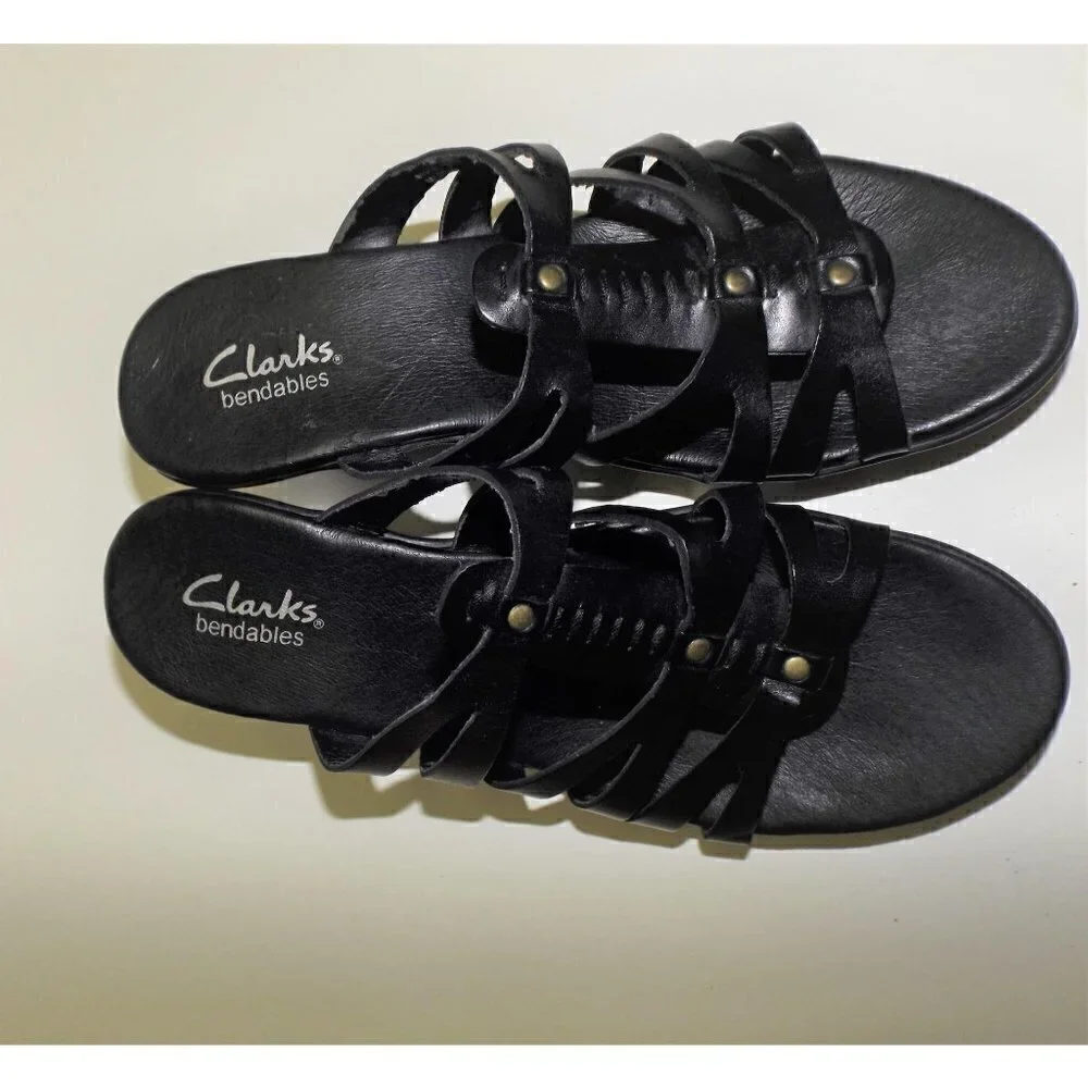 Clarks Bendables 6m black leather strappy slip-on sandals medium heel